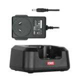 GME black power supply unit with plug and base on a white background