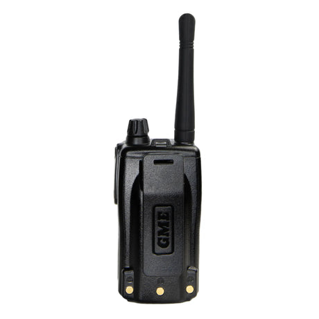 Black walkie talkie with GME branding on a white background