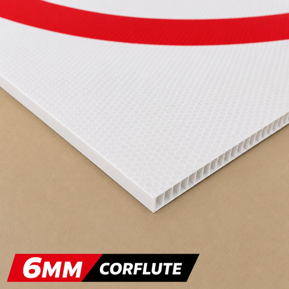 6MM Corflute sheet with a red stripe on a beige background