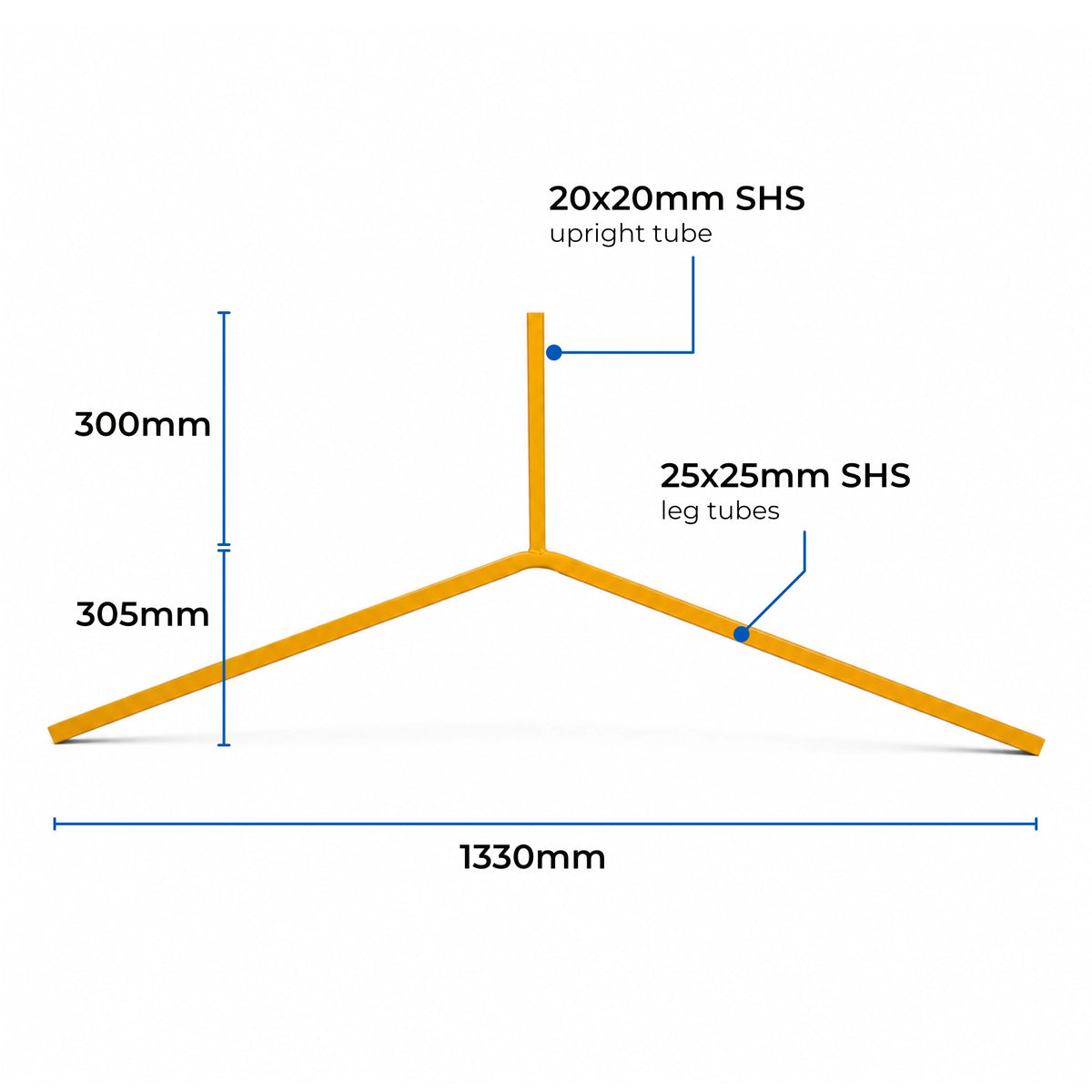 Yellow steel traffic sign Y-leg with slot-in upright tube and bipod support design with measurements on a white background