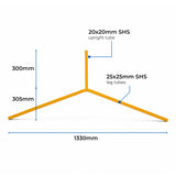 Yellow steel traffic sign Y-leg with slot-in upright tube and bipod support design with measurements on a white background