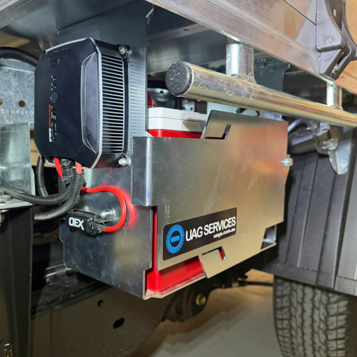 UAGS heavy duty adjustable under tray battery tray for auxiliary battery mounting with Projecta charger
