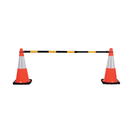 Two orange traffic cones with a black and yellow cone bar on a white background