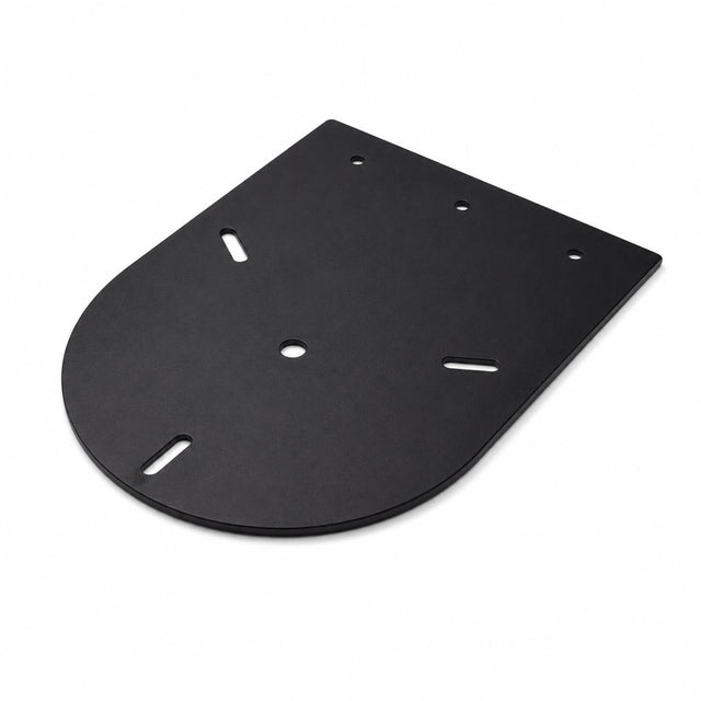 Steel plate bracket for warning beacon on its own, showing the mounting holes, slotted holes and cable entry hole