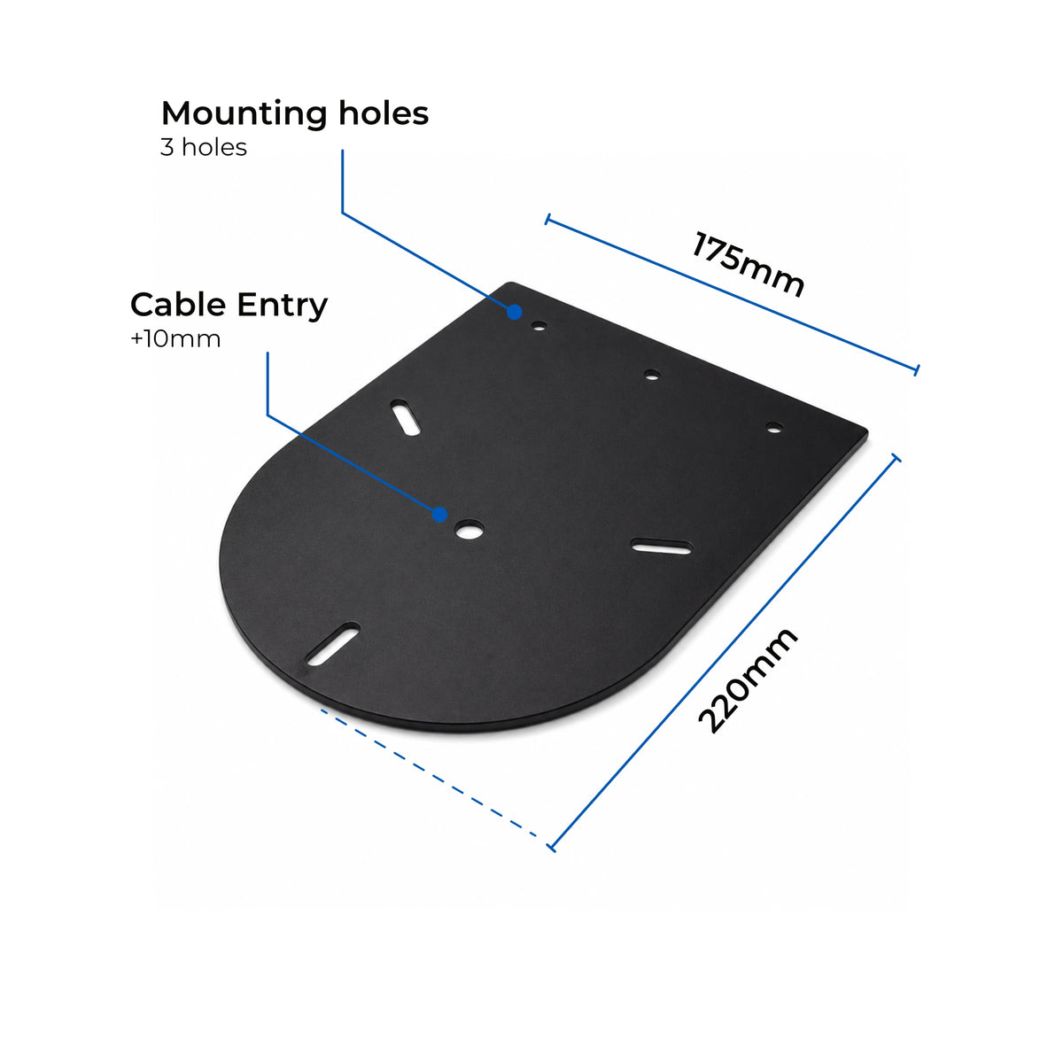 Beacon metal mounting plate shown on a white background with blue dimension lines and text labels indicating 175mm length, 220mm width, 3 mounting holes, and cable entry +10mm.