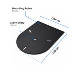 Beacon metal mounting plate shown on a white background with blue dimension lines and text labels indicating 175mm length, 220mm width, 3 mounting holes, and cable entry +10mm.