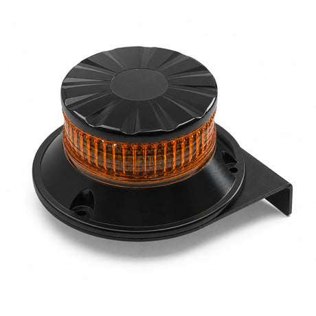Amber LED warning beacon fitted to the black 145mm offset beacon mounting bracket, with the folded mounting flange visible behind the beacon base