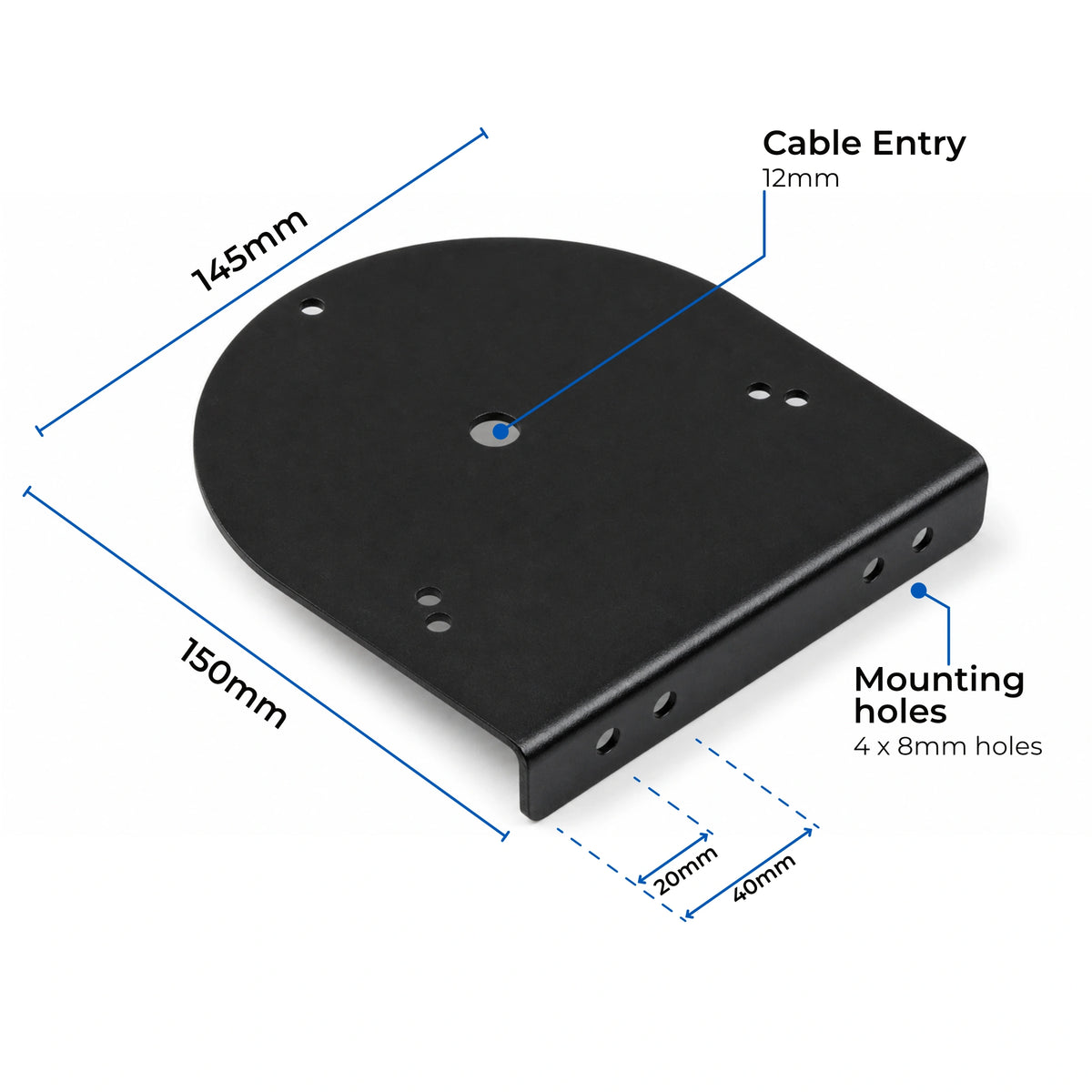 Dimension diagram of the 145mm offset beacon mounting bracket labelling the 145mm width, 150mm length, 12mm cable entry hole and four 8mm mounting holes at 20mm and 40mm spacing