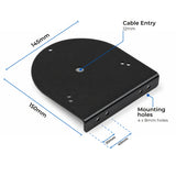 Dimension diagram of the 145mm offset beacon mounting bracket labelling the 145mm width, 150mm length, 12mm cable entry hole and four 8mm mounting holes at 20mm and 40mm spacing