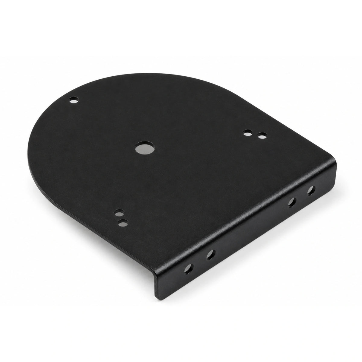 Angled view of the black 145mm offset beacon mounting bracket showing the folded rear flange and its four 8mm mounting holes