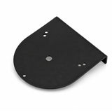 Black powdercoated aluminium offset beacon mounting bracket viewed from above, showing the rounded plate, central cable entry hole and five beacon fixing holes