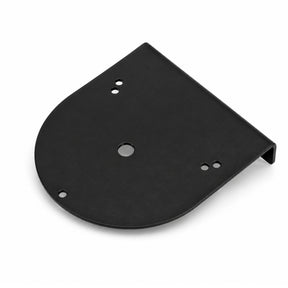 Black powdercoated aluminium offset beacon mounting bracket viewed from above, showing the rounded plate, central cable entry hole and five beacon fixing holes