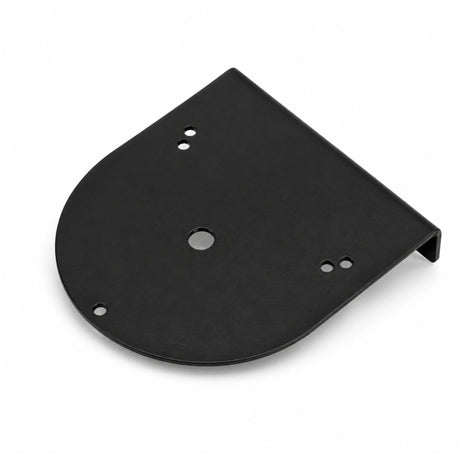 Black powdercoated aluminium offset beacon mounting bracket viewed from above, showing the rounded plate, central cable entry hole and five beacon fixing holes