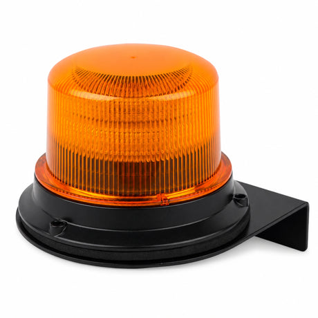 Angled aluminium bracket for warning beacon, shown fitted with an amber beacon, side profile view showing the L-shape mounting arm