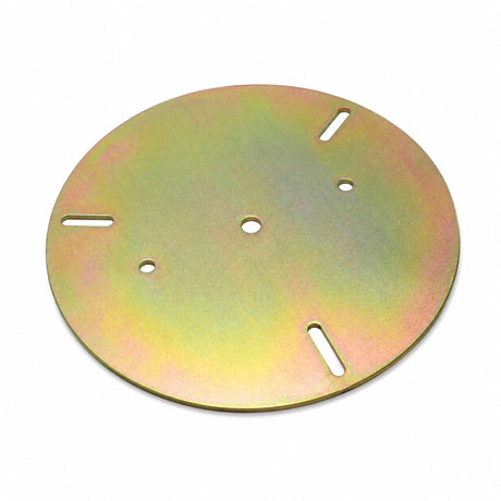 Disc bracket for warning beacon on its own, raw zinc plated finish, showing the mounting holes, slotted holes and cable entry hole
