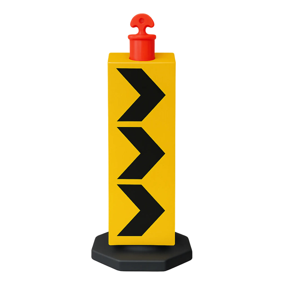 Yellow traffic sign with black arrows and red top on a white background