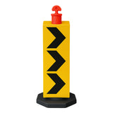 Yellow traffic sign with black arrows and red top on a white background