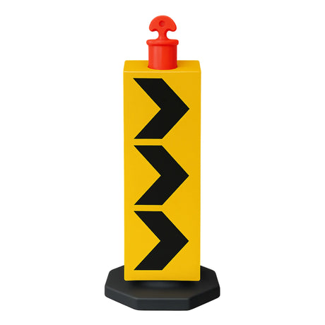 Yellow traffic sign with black arrows and red top on a white background
