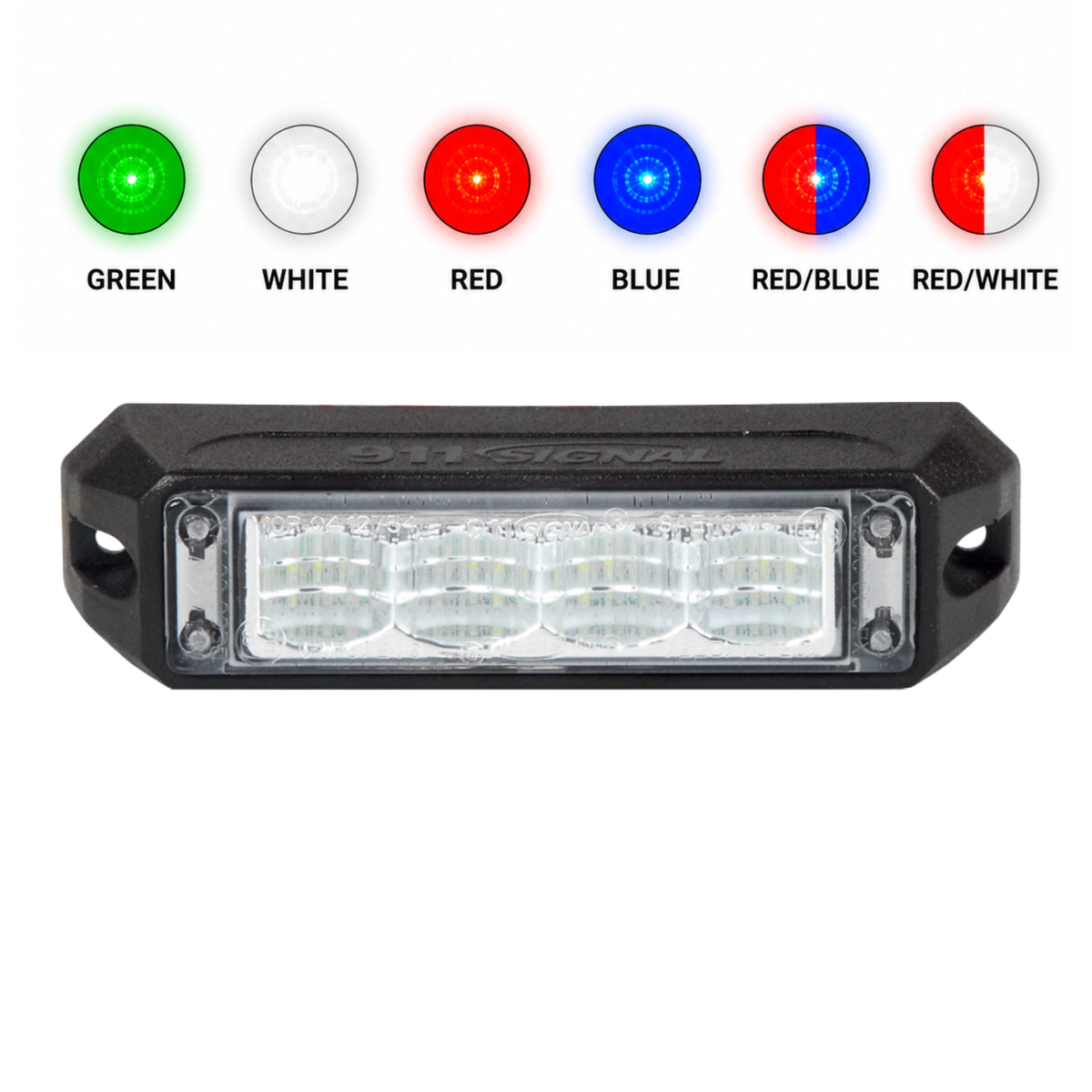 The black surface mount LED warning light head shown below six output colour swatches labelled green, white, red, blue, red/blue and red/white