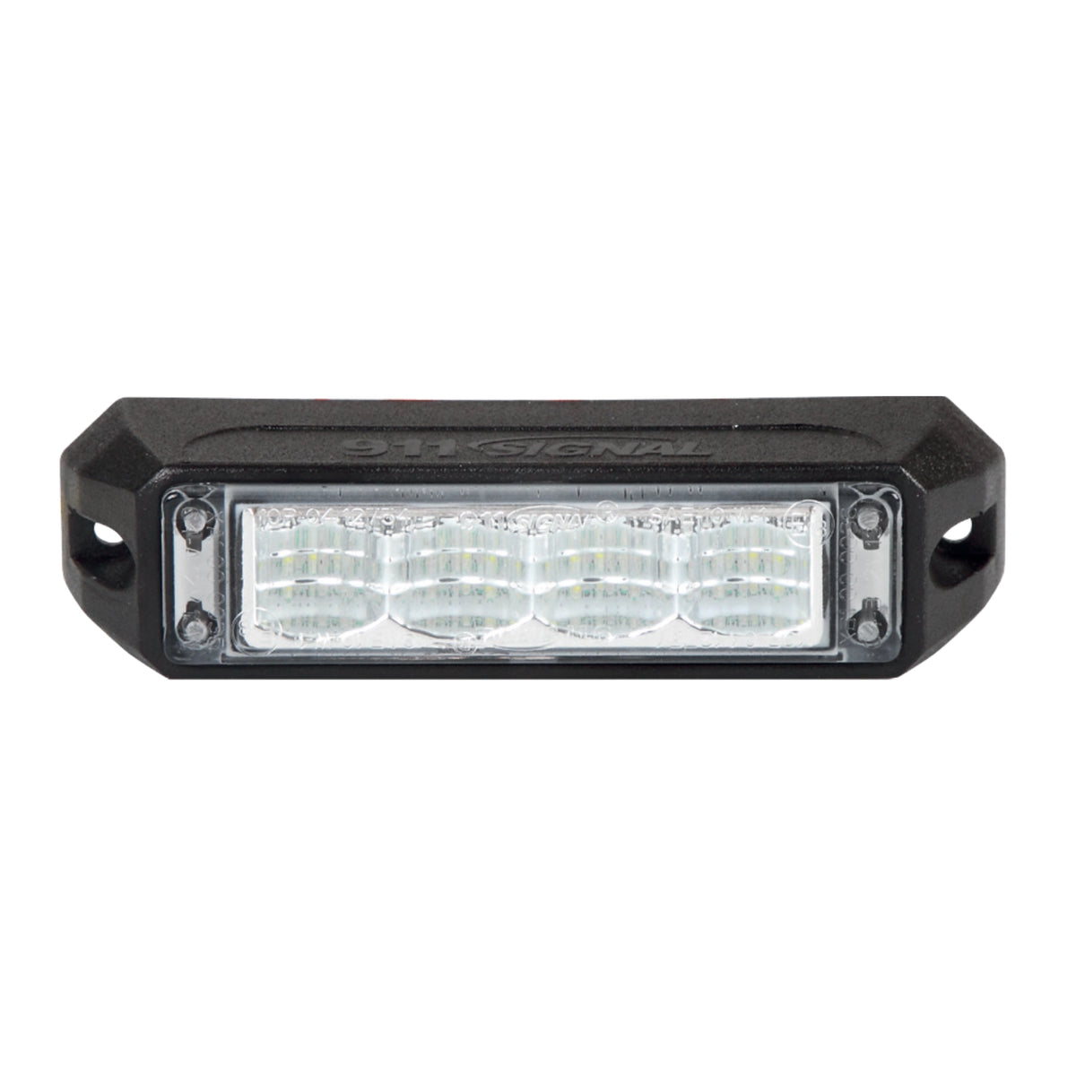 Front view of the black surface mount LED warning light head, four clear reflector cells behind the lens with a screw fixing lug at each end
