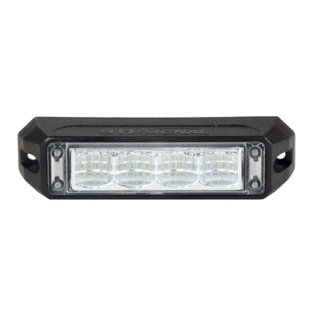 Front view of the black surface mount LED warning light head, four clear reflector cells behind the lens with a screw fixing lug at each end