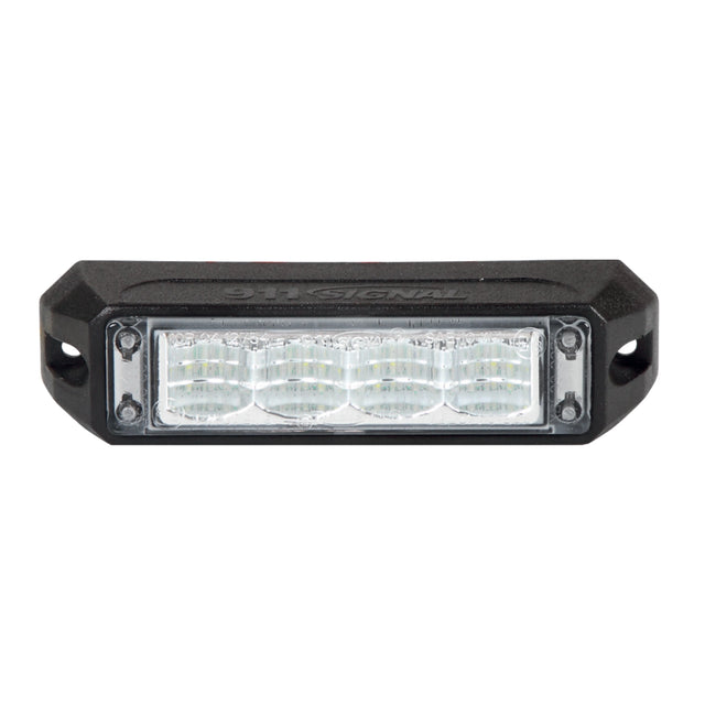 Front view of the black surface mount LED warning light head, four clear reflector cells behind the lens with a screw fixing lug at each end