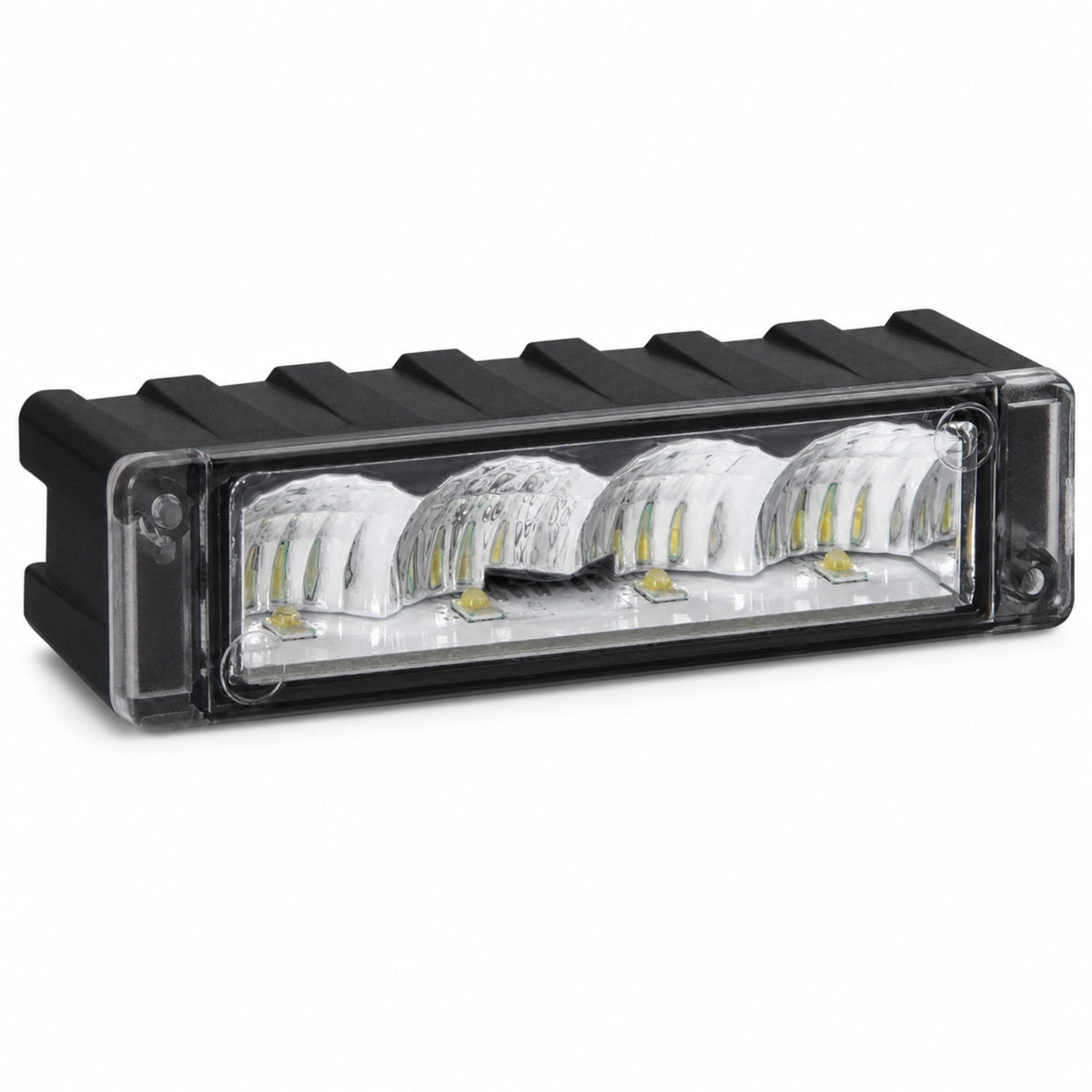 The C4 warning light head with the black plastic surround removed, showing the bare module, its ribbed backing and the four LEDs behind the clear lens cover