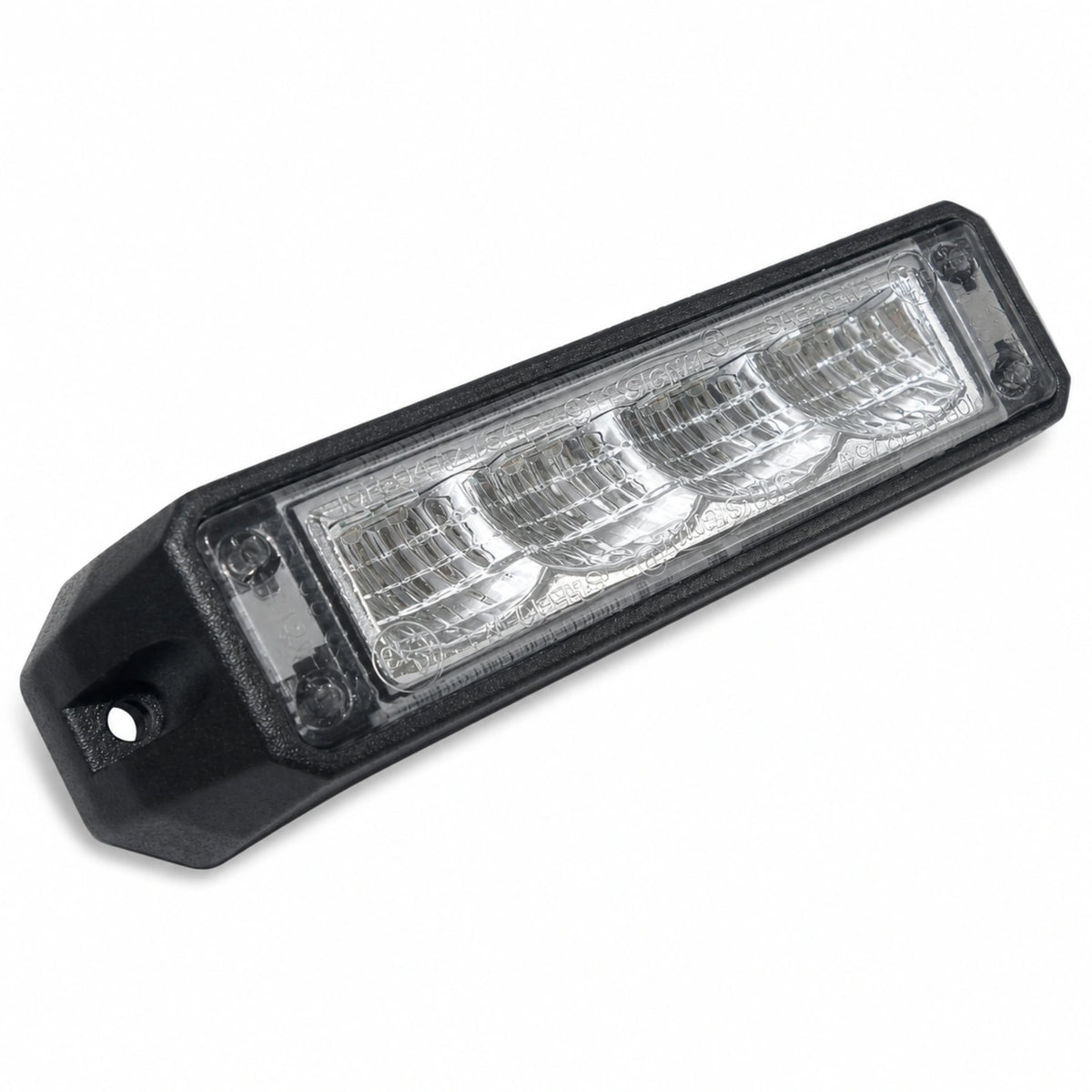 Angled view of the LED warning light head from the end, showing the mounting lug and screw hole alongside the four reflector cells