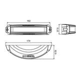 Dimension drawing of the warning light head showing 174mm overall length, 162mm between mounting screw centres, 52.5mm height and 37.5mm depth
