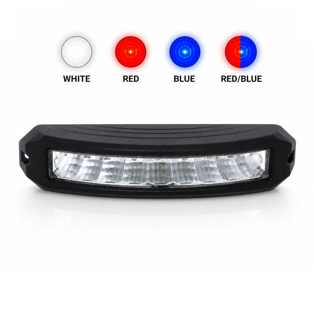 The curved black surface mount LED warning light head shown below four output colour swatches labelled white, red, blue and red/blue