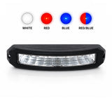 The curved black surface mount LED warning light head shown below four output colour swatches labelled white, red, blue and red/blue