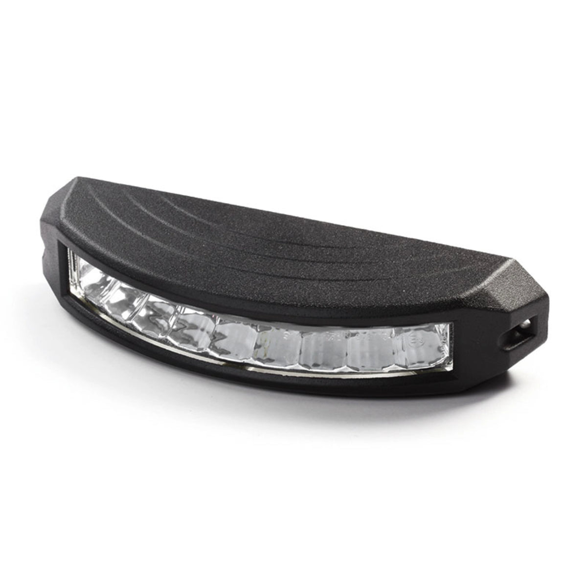 Angled view of the curved black LED warning light head, nine clear reflector cells following the curve of the housing with a mounting slot at the end