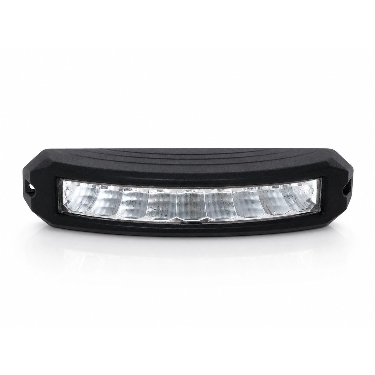 Front view of the curved black LED warning light head showing the full row of nine clear reflector cells