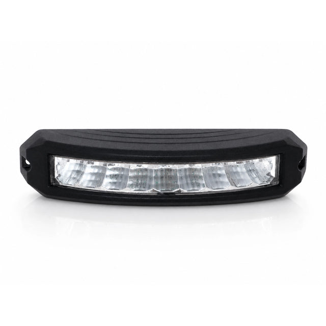 Front view of the curved black LED warning light head showing the full row of nine clear reflector cells