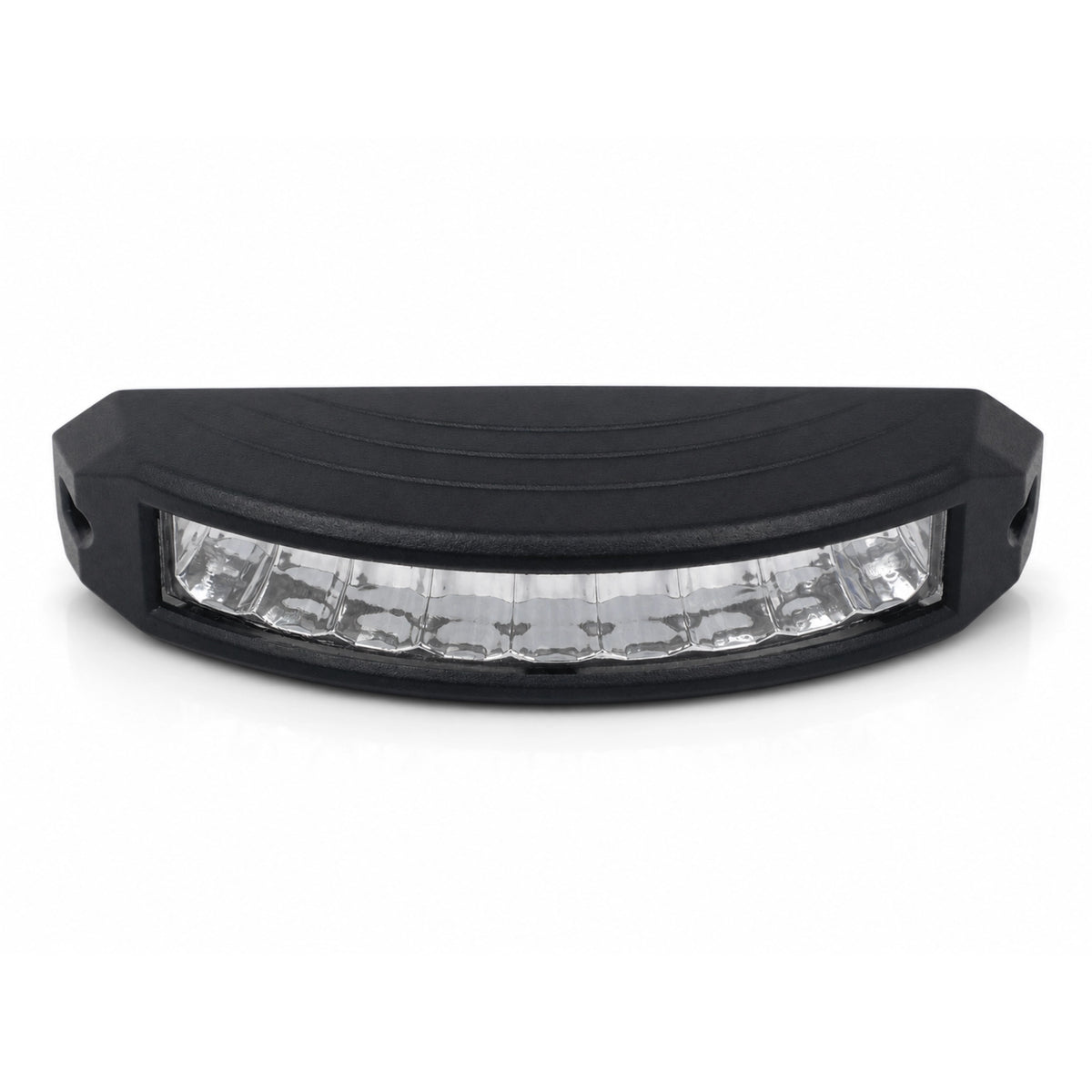 Front view of the LED warning light head from slightly below, showing the curve of the lens across its length