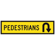 Pedestrians U-Turn 1200x300mm corflute sign panel, black PEDESTRIANS legend with a U-turn arrow symbol on yellow retroreflective background with black border