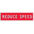 Red and white 1200x300 'REDUCE SPEED' traffic control corflute sign on a white background