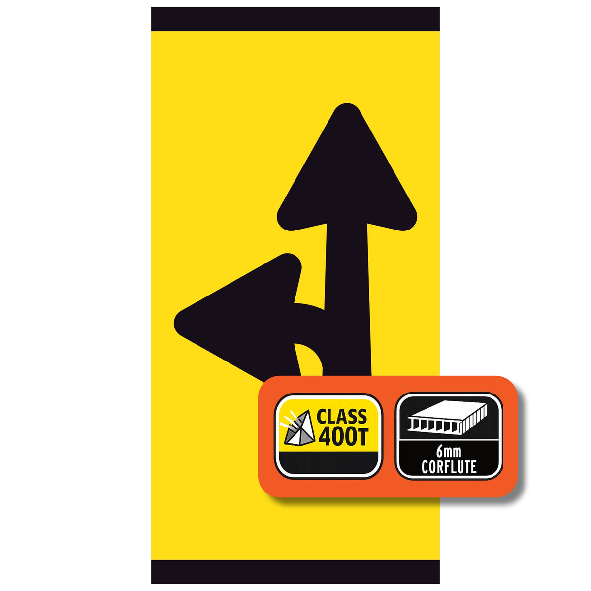 Yellow sign with black arrows straight and left and Class 400T and Corflute information on a white background