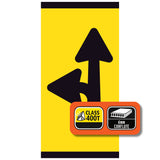 Yellow sign with black arrows straight and left and Class 400T and Corflute information on a white background