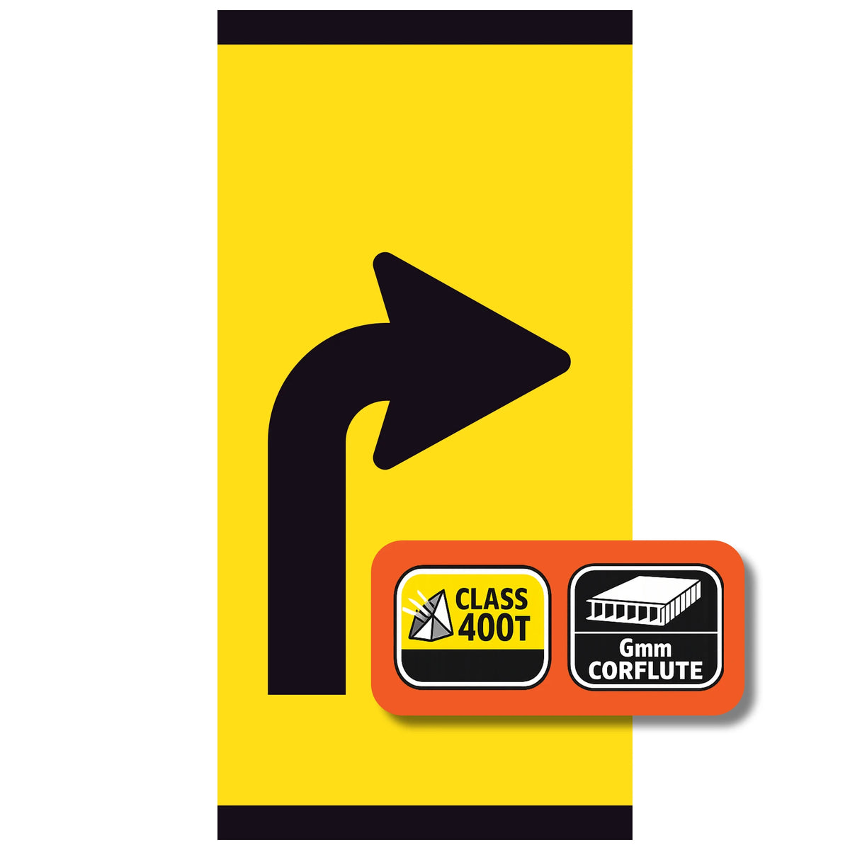 Right Turn Lane Ahead 300x600mm corflute lane status partial panel with black right-turn arrow symbol on yellow reflective background