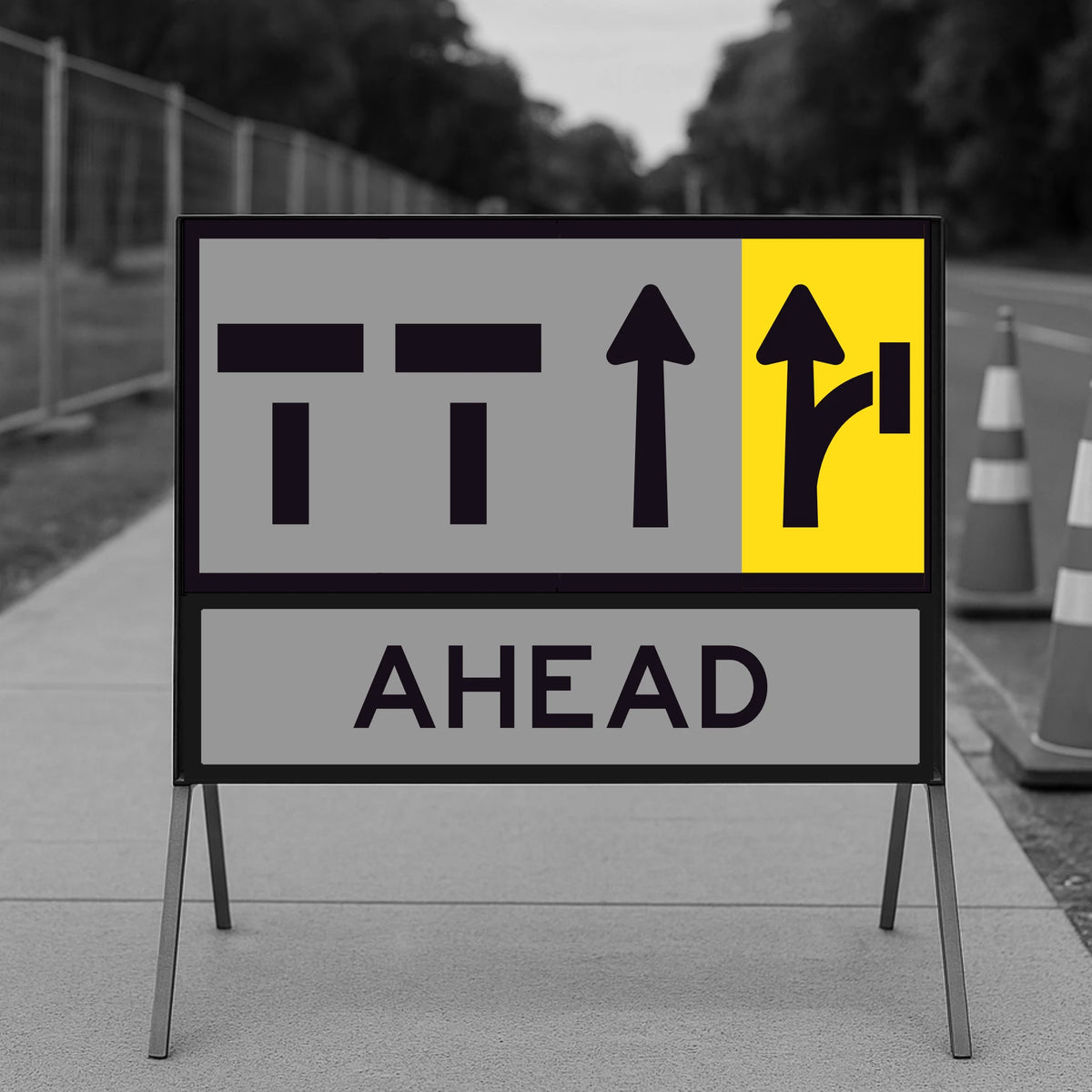 Road sign with traffic direction symbols on a gray background