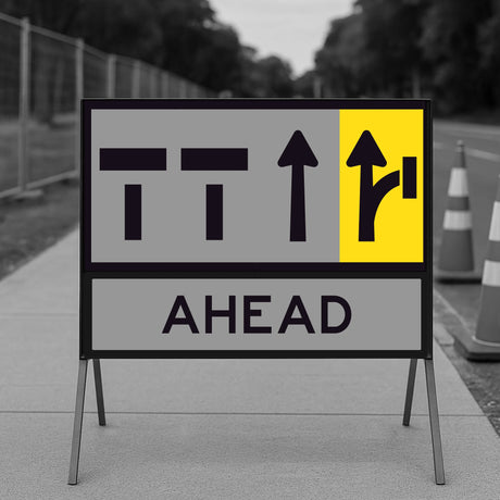 Road sign with traffic direction symbols on a gray background