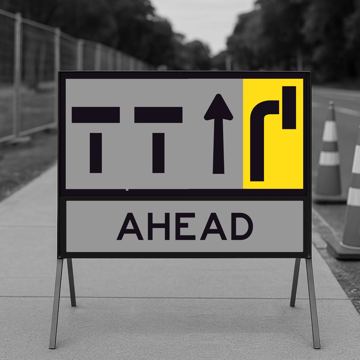 lane status road sign with traffic symbols and 'AHEAD' text on a gray background