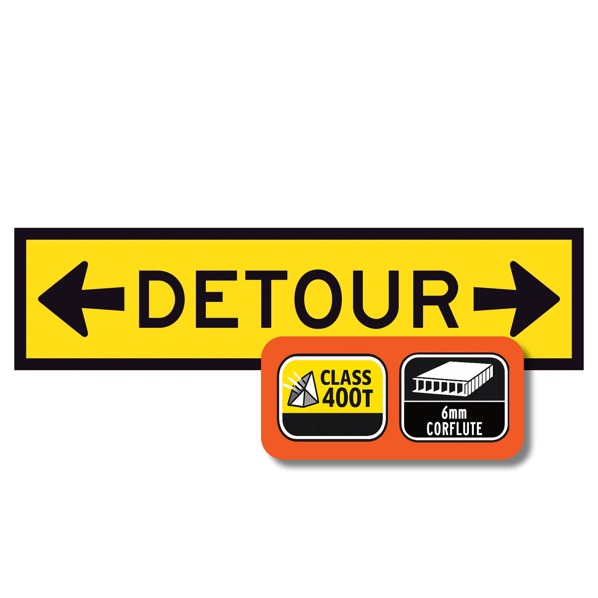 Left arrow, black “DETOUR” text, and right arrow on yellow background – 1200x300mm corflute sign