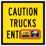 Yellow caution sign with black text and safety certification logos on a white background