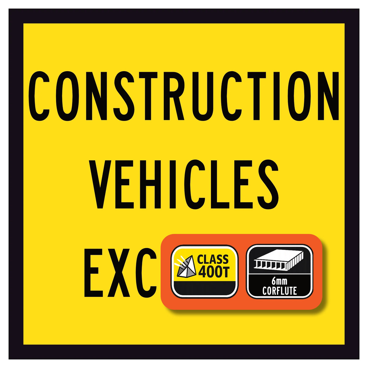 Yellow sign with black text and two icons on a white background