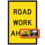 Road Work Ahead T1-Q06 600x900mm corflute sign panel with black ROAD WORK AHEAD text on yellow retroreflective background