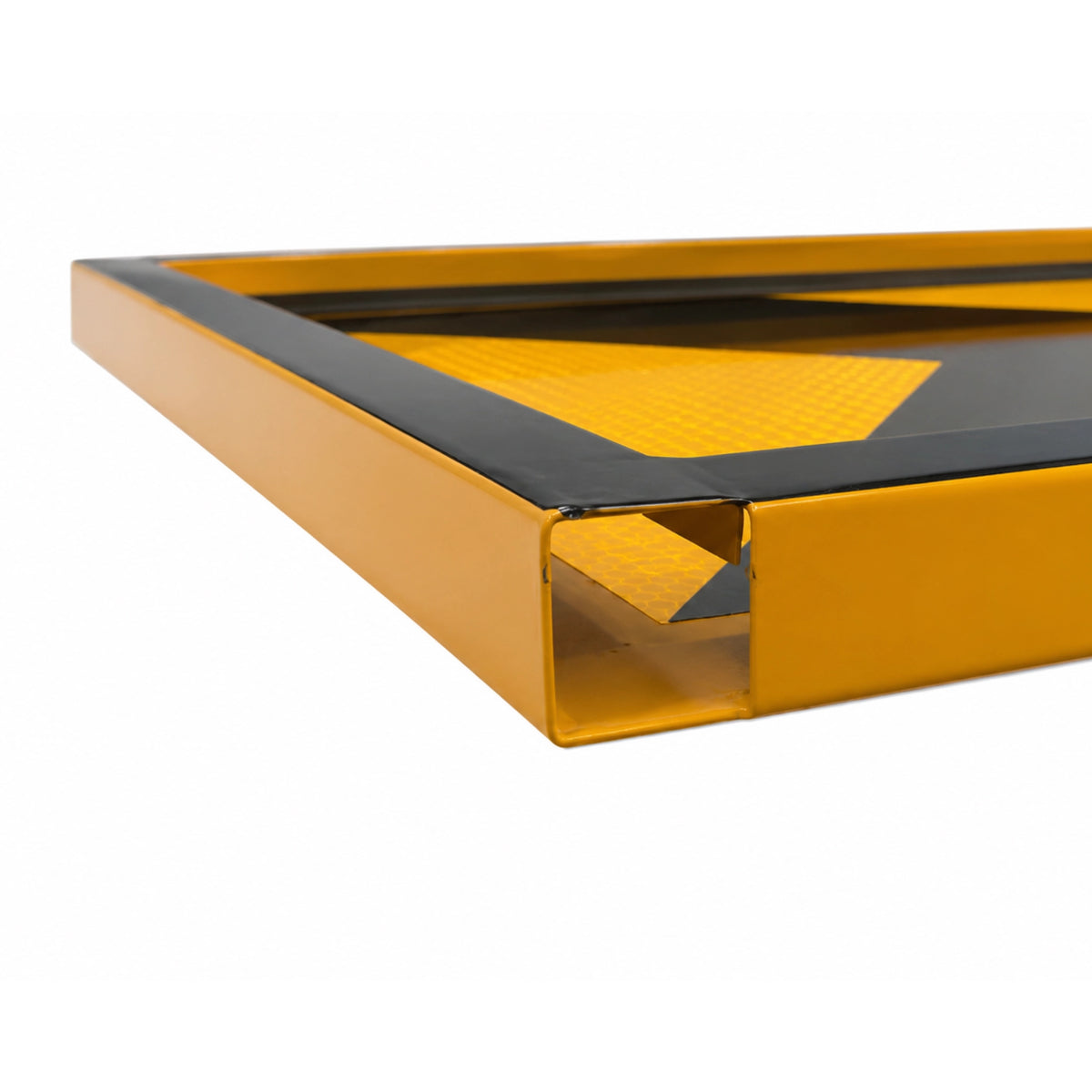 Close-up of the boxed edge chevron sign frame showing the open slot where the yellow metal leg inserts into the heavy duty yellow frame.
