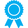 A blue ribbon badge icon with a circular center and two hanging ribbons on a plain white background.