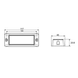 Dimension drawing of the warning light head showing 117mm overall length, 104mm between mounting hole centres, 45mm width and 23.8mm depth